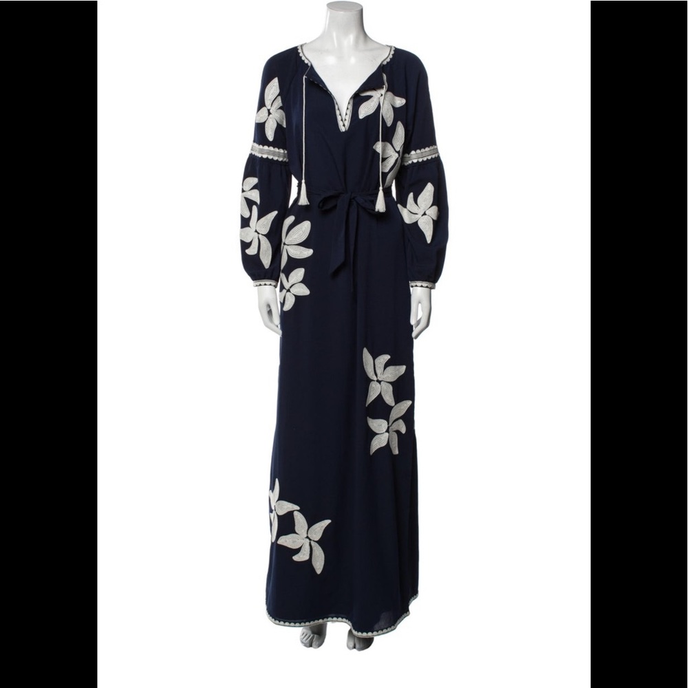Tory Burch Evening Gown Blue Caftan Dress With Ivory Embroidered Floral Size 4